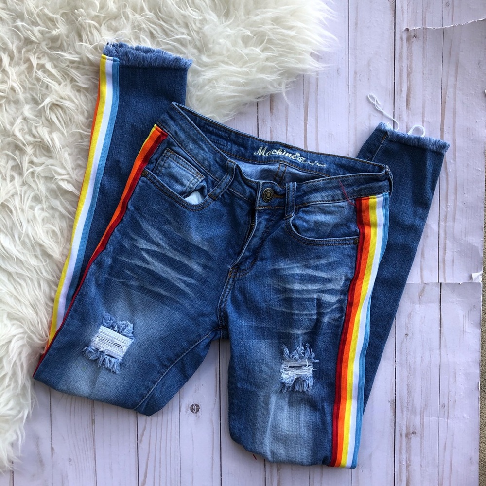 🌸Machine Rainbow stripe distressed raw hem jeans